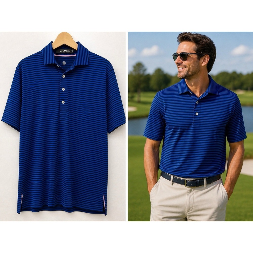 Ralph Lauren RLX Polo Shirt Mens Large Blue Striped Golf Performance Wicking